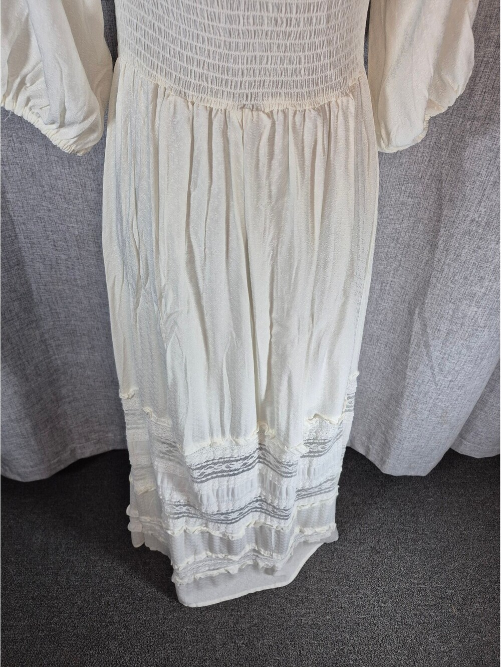 Size Large Coco + Jaimeson Ivory Smocked Lace Maxi Dress Boho Prairie - Picture 6 of 6